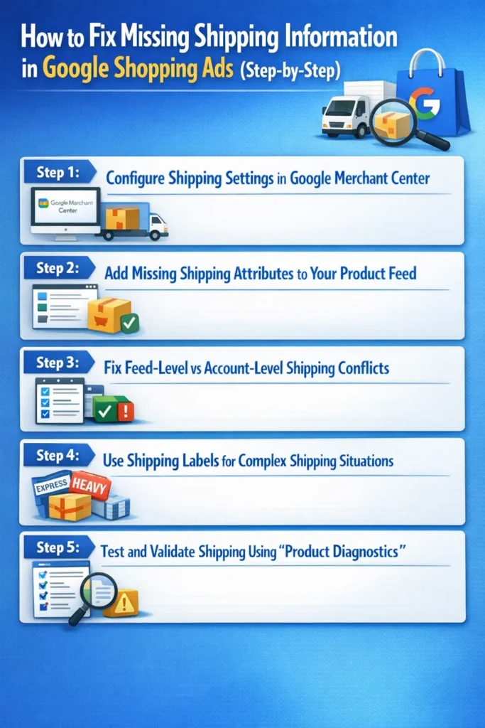 “Infographic titled ‘How to Fix Missing Shipping Information in Google Shopping Ads (Step-by-Step)’ showing five steps: configuring shipping settings in Google Merchant Center, adding missing shipping attributes to a product feed, fixing feed-level versus account-level shipping conflicts, using shipping labels for complex shipping scenarios, and testing and validating shipping with Product Diagnostics, illustrated with icons of delivery trucks, packages, checklists, and Google Shopping graphics.”